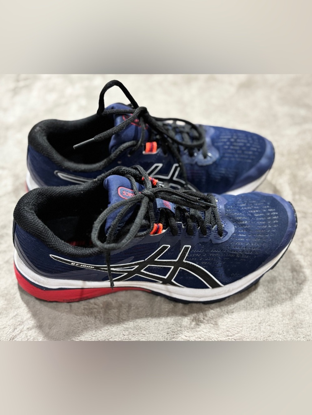 ASICS Men's Navy Athletic Shoes with Black and Red Accents